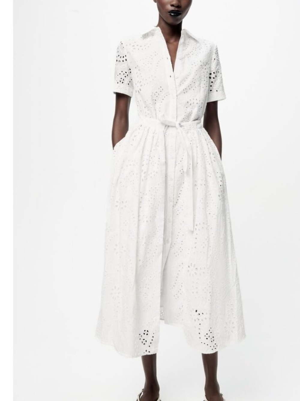 Zara White Eyelet Midi Shirt Dress with Tie Waist